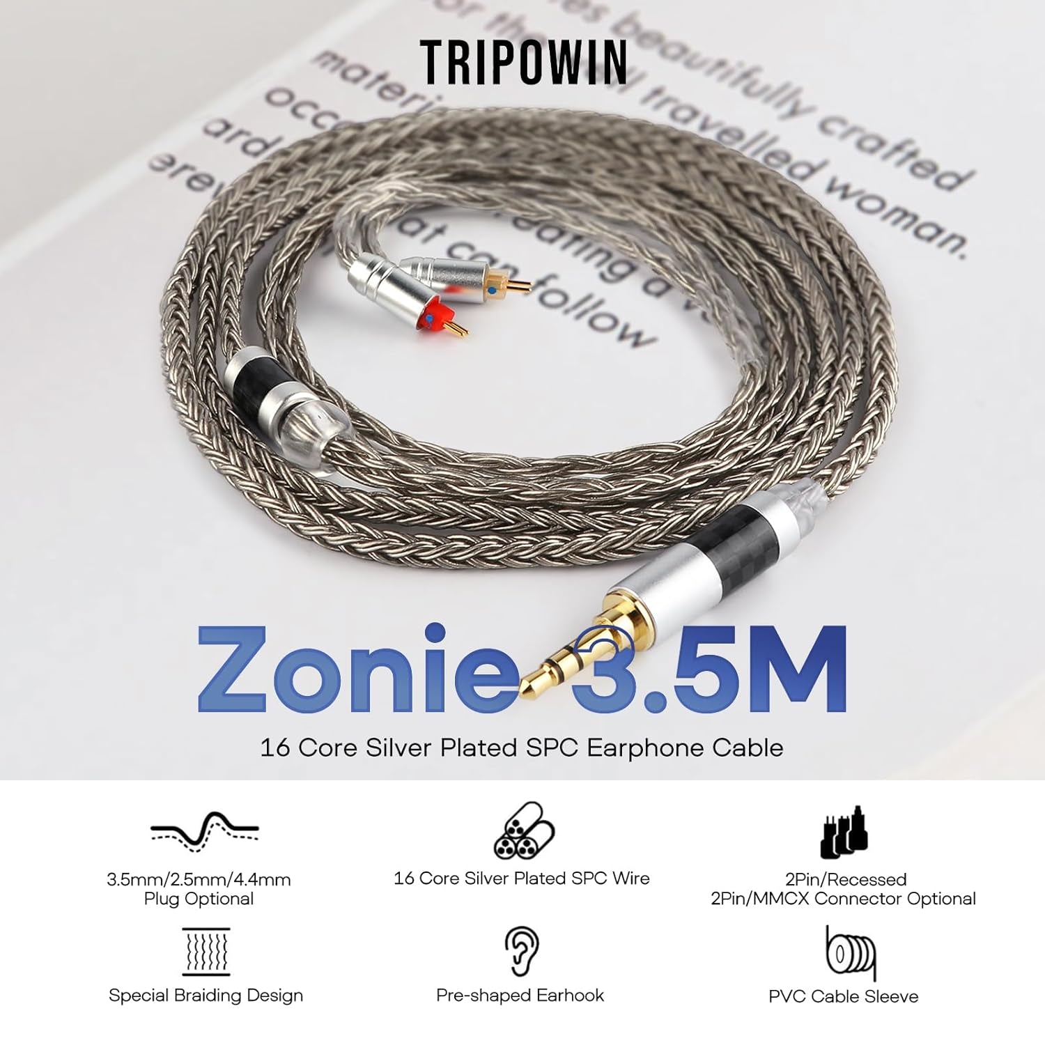 Zonie 16 Core Silver Plated Cable SPC Earphone Cable for BL03 TRN V90 V80 AS10 ZS10 ZS6 ES4 ZST ZSR Iems (2Pin 0.78-3.5Mm, Grey)